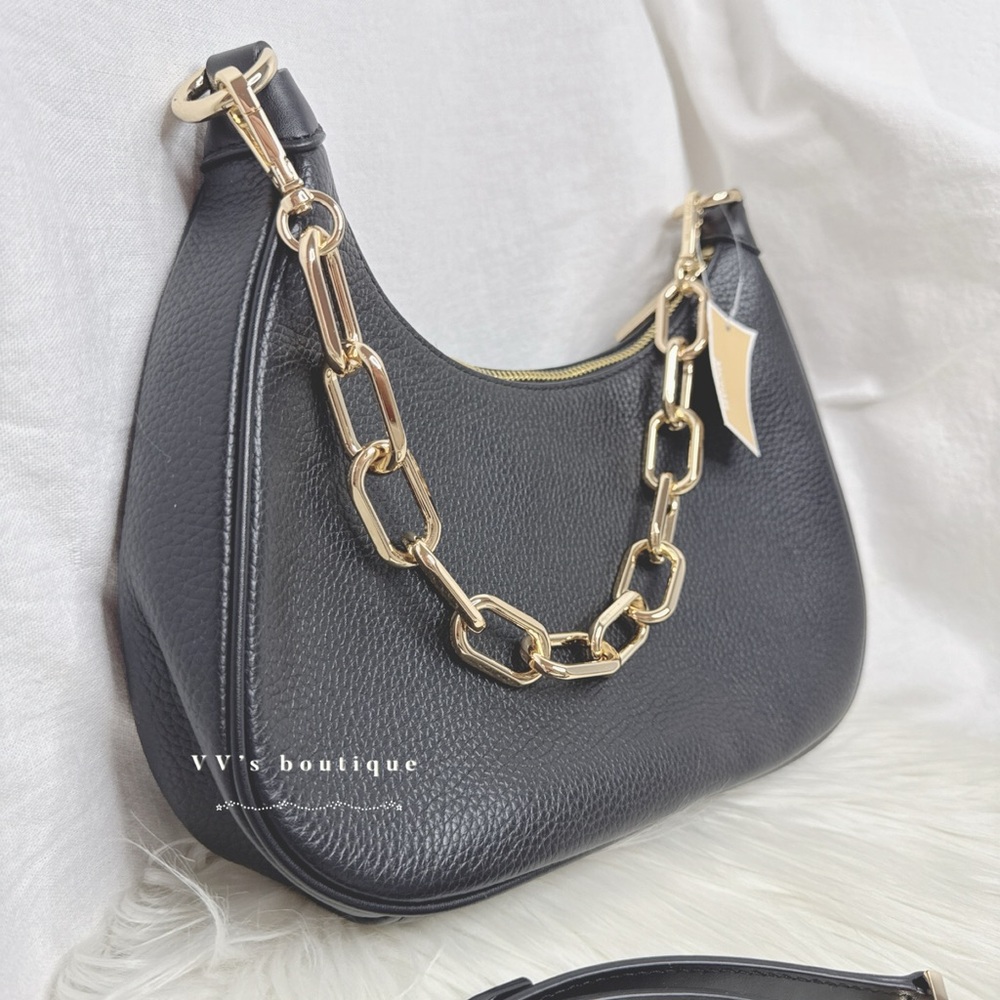 NWT Michael Kors Cora Large Pebbled Leather Chain Link Crossbody Bag Black - Picture 7 of 10